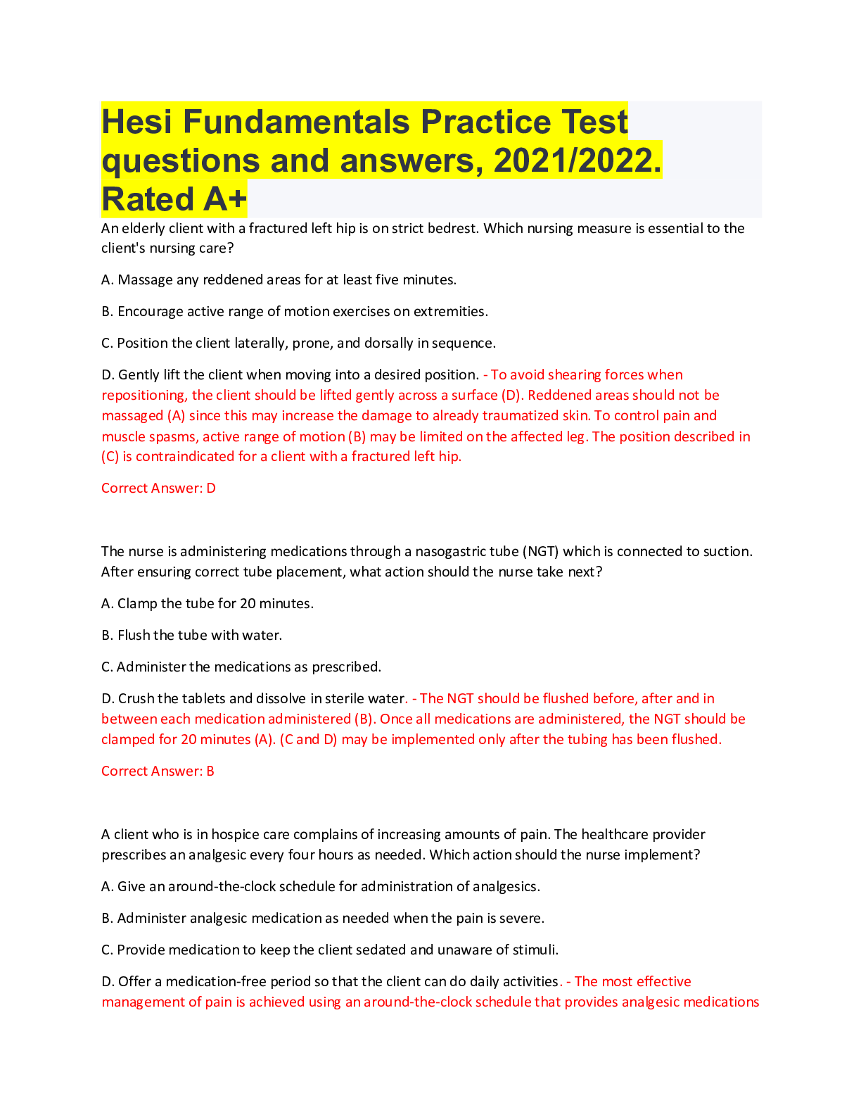 Preview of Hesi Fundamentals Practice Test questions and answers, 2021/2022. Rated A+